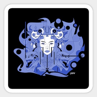 techno monster in woman mask in the robot warfare ecopop Sticker